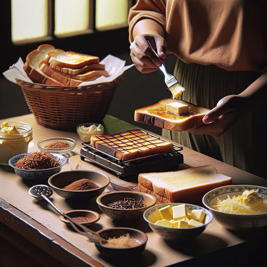 Toasted roti bakar with melting chocolate and cheese filling