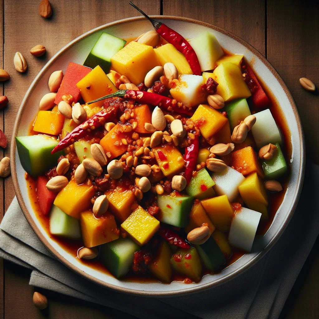 Indonesian rujak fruit salad with tamarind peanut dressing and chopped peanuts