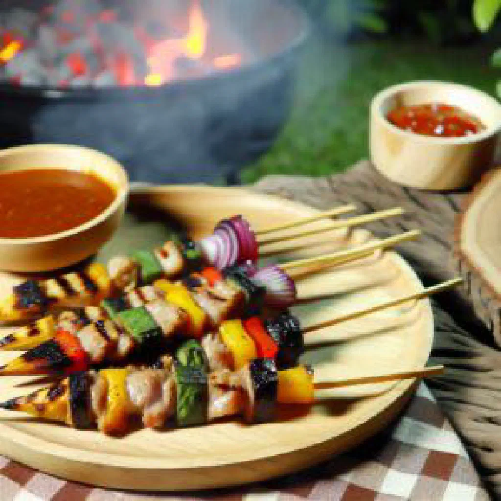 Grilled satay skewers served with rich peanut sauce and lime