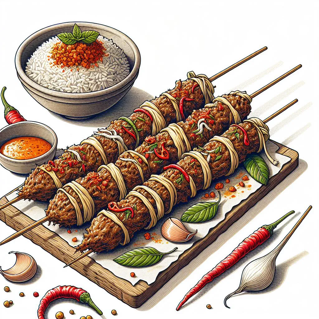 Grilled sate lilit skewers wrapped around lemongrass stalks with fresh herbs