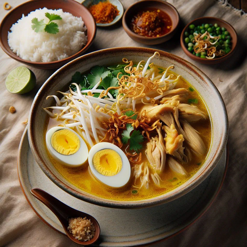 Bowl of golden soto ayam chicken soup with bean sprouts, spring onions and a wedge of lime