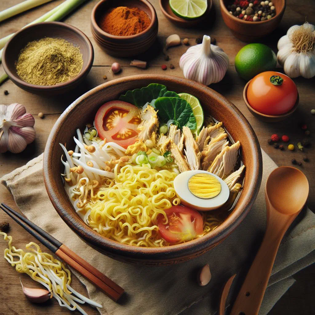 Bowl of soto mie noodle soup with beef, fresh herbs and lime