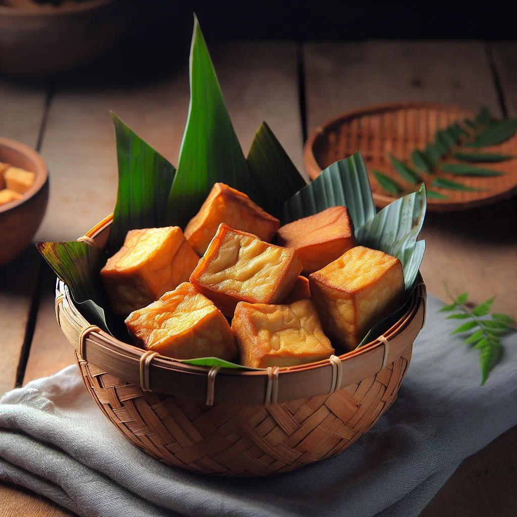 Golden, crispy fried tofu pieces served with a dipping sauce