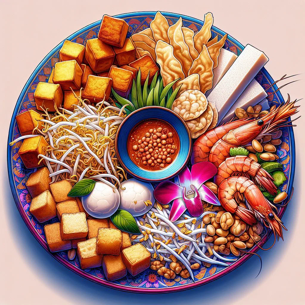 Fried tofu with fresh vegetables and peanut sauce, garnished with roasted peanuts