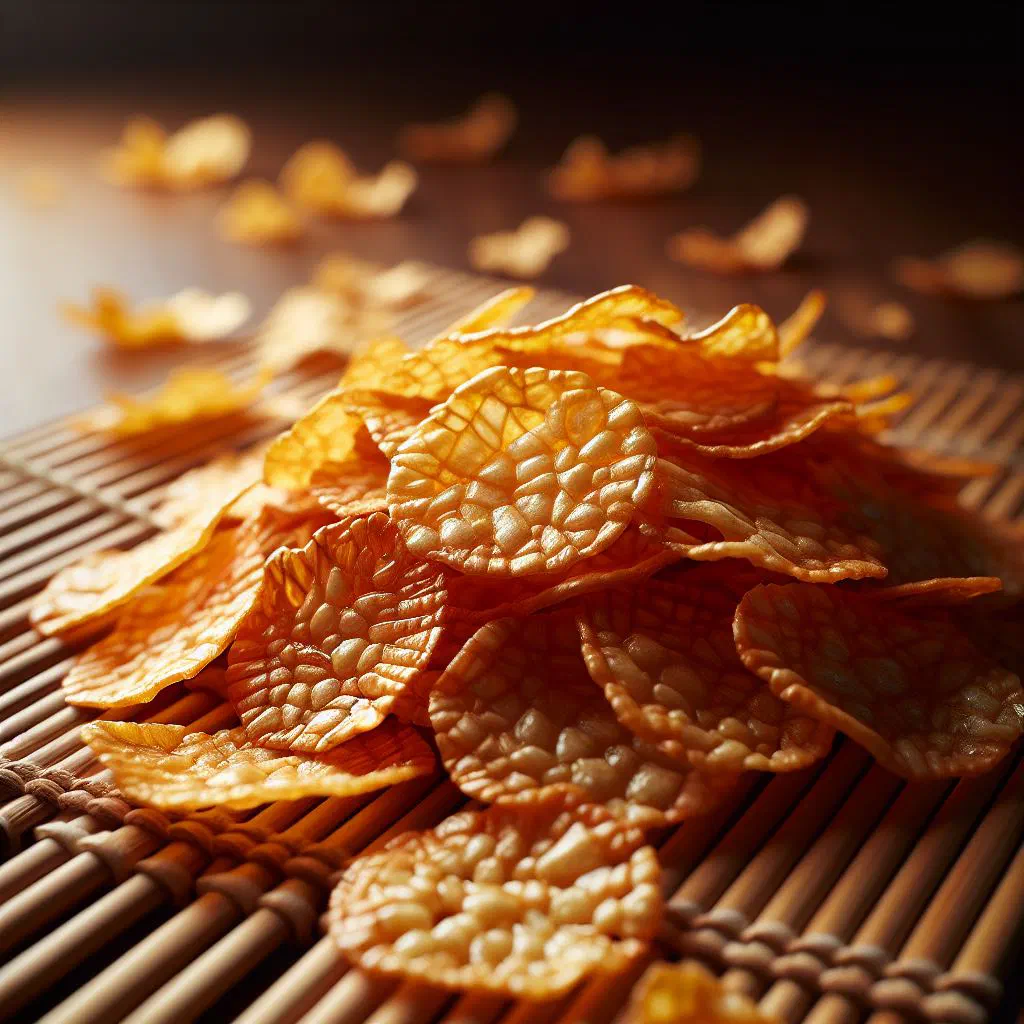 Golden, crispy fried tempeh crisps piled on a plate