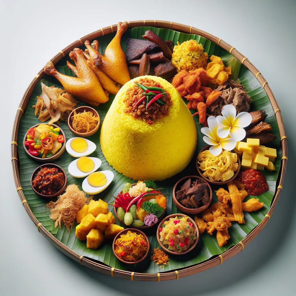 Cone of yellow turmeric rice surrounded by colourful side dishes