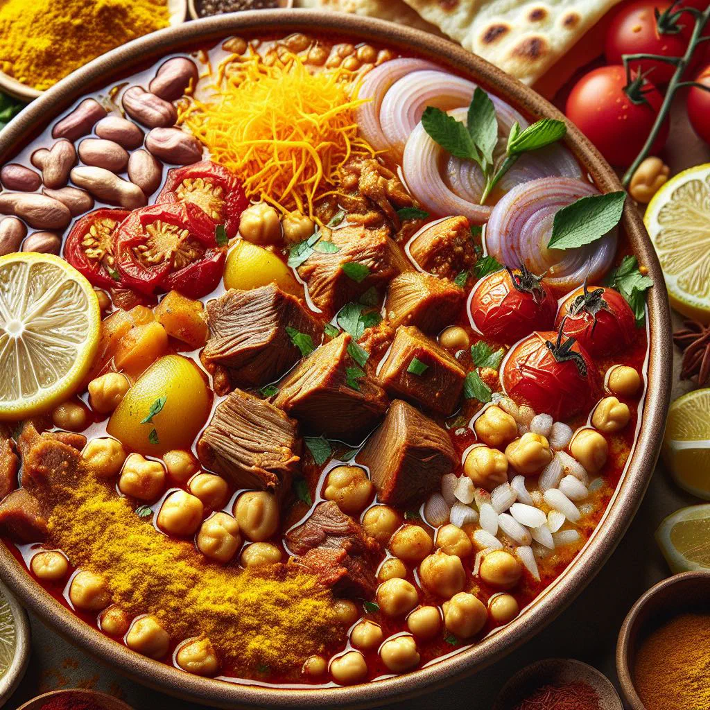 Persian lamb and chickpea stew garnished with fresh herbs