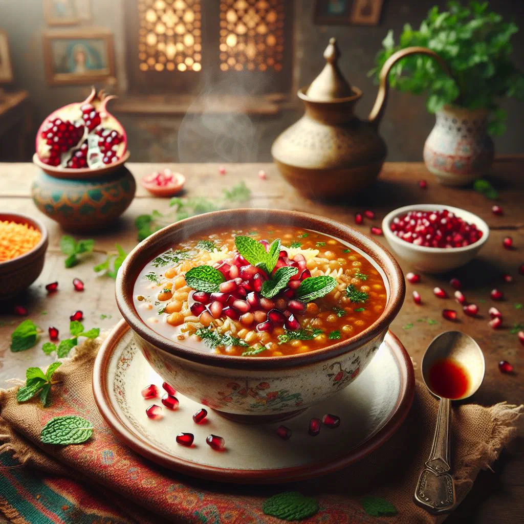 Bowl of Persian pomegranate soup garnished with pomegranate seeds and mint