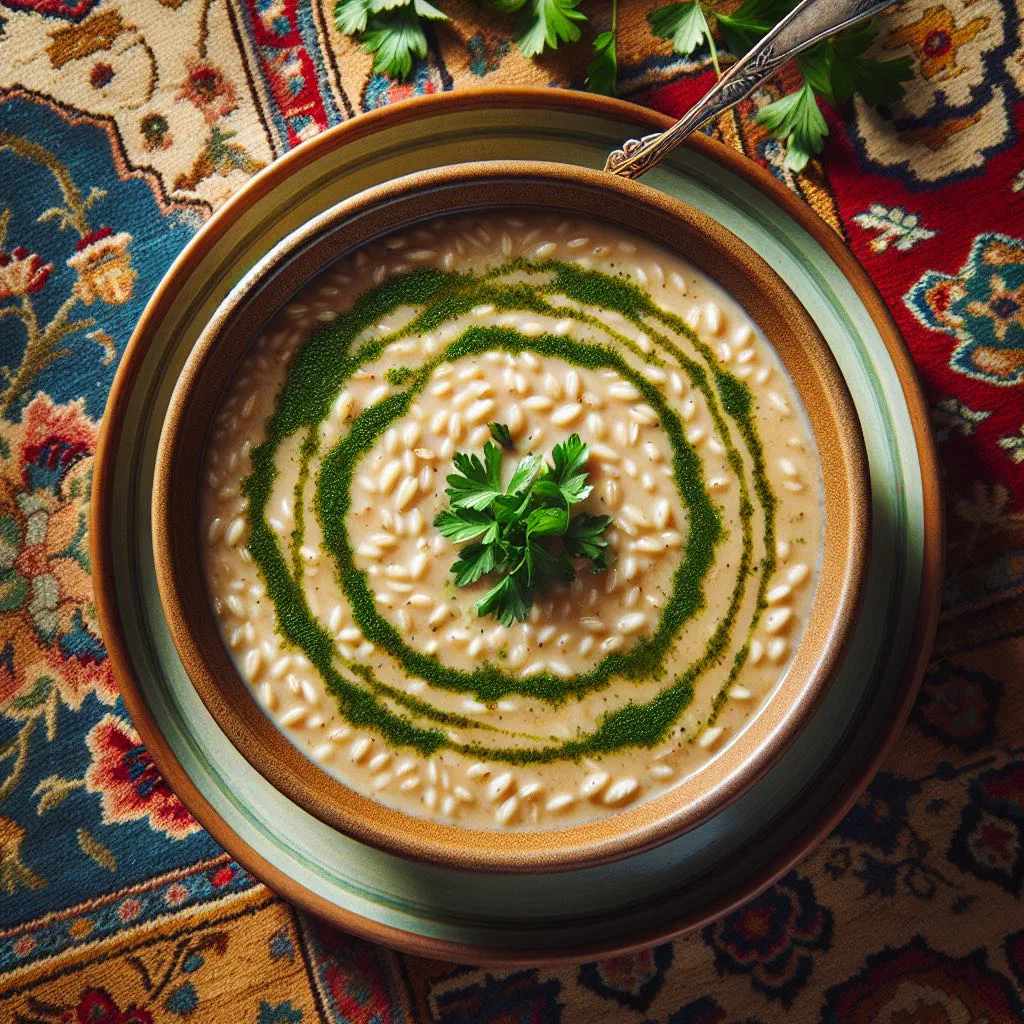 A bowl of Aash-e Jo barley and herb soup garnished with fresh herbs