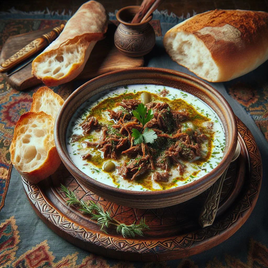 Bowl of creamy Persian yoghurt soup topped with fresh herbs
