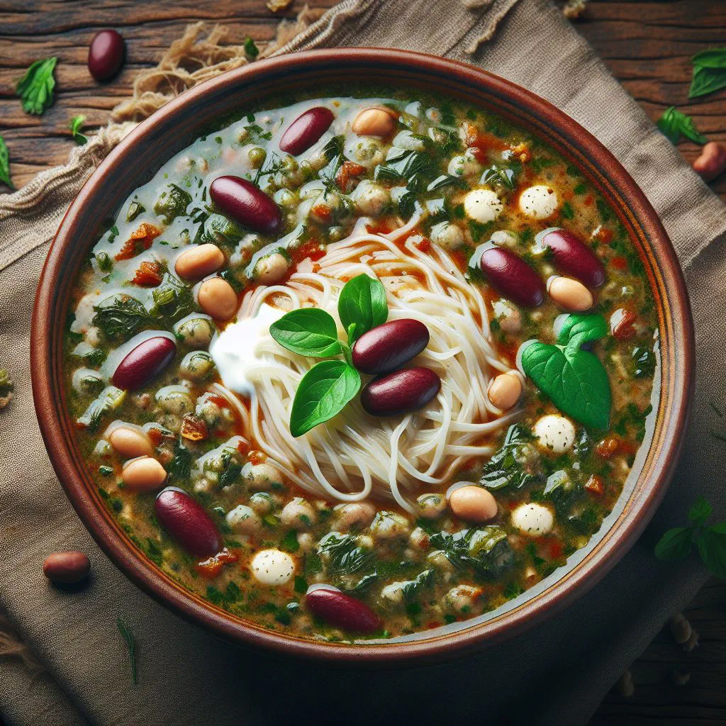 Bowl of Aash-e Reshteh topped with yoghurt and fresh herbs