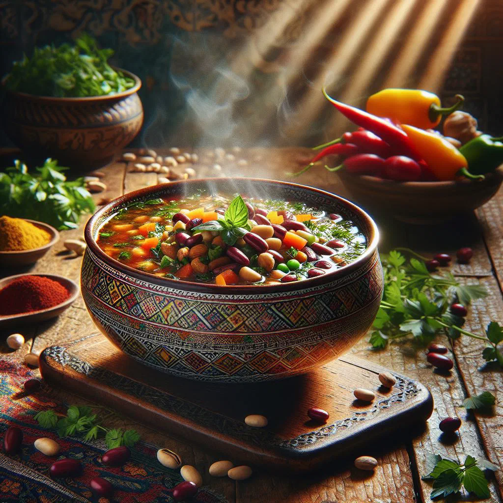 A steaming bowl of Aash-e Sholeh Ghalamkar with fresh herbs and rice