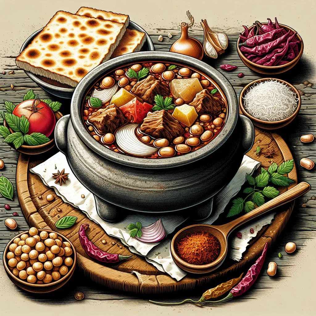 Bowl of Abgoosht lamb and bean stew served with fresh bread