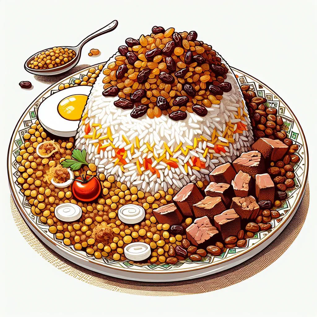 Adas polo — Persian lentil rice with lamb, raisins and carrots on a platter