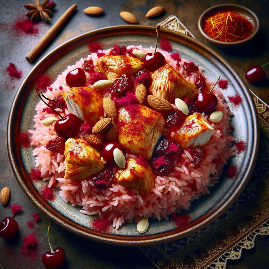Persian sour cherry rice topped with saffron and chopped pistachios