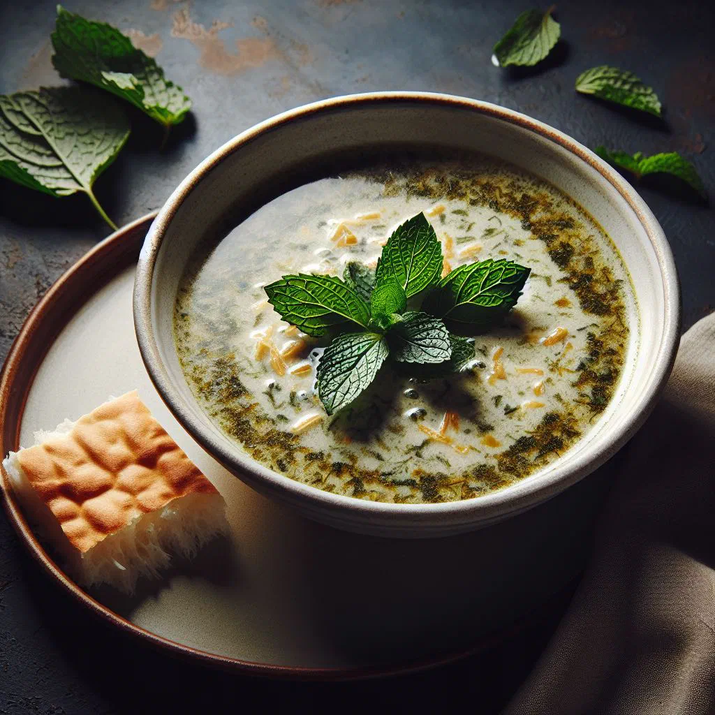 Bowl of Ash-e Doogh yoghurt soup topped with fresh herbs and a drizzle of oil