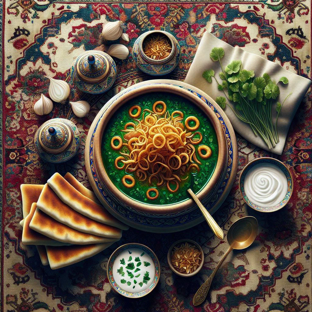 A bowl of Ash-e Shole Ghalamkar, a green herb and lentil soup
