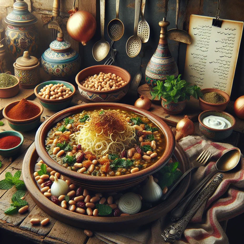 Bowl of ash reshteh topped with yoghurt and fried onions