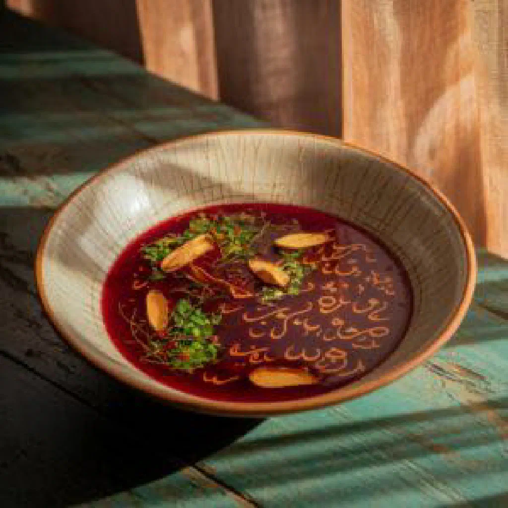 A steaming bowl of Asheh Sholeh Ghalamkar with rice, lentils and fresh herbs