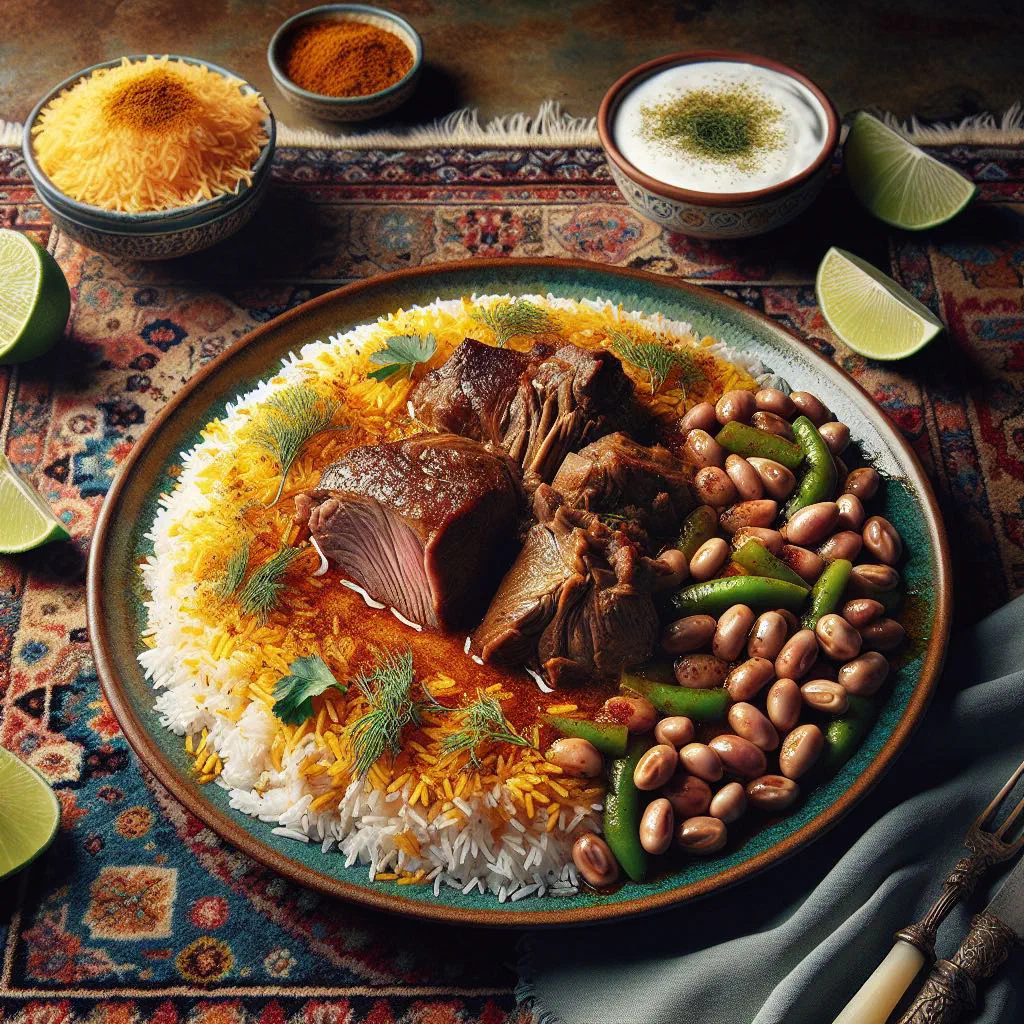 Fragrant dill and broad bean rice served with tender braised lamb shank