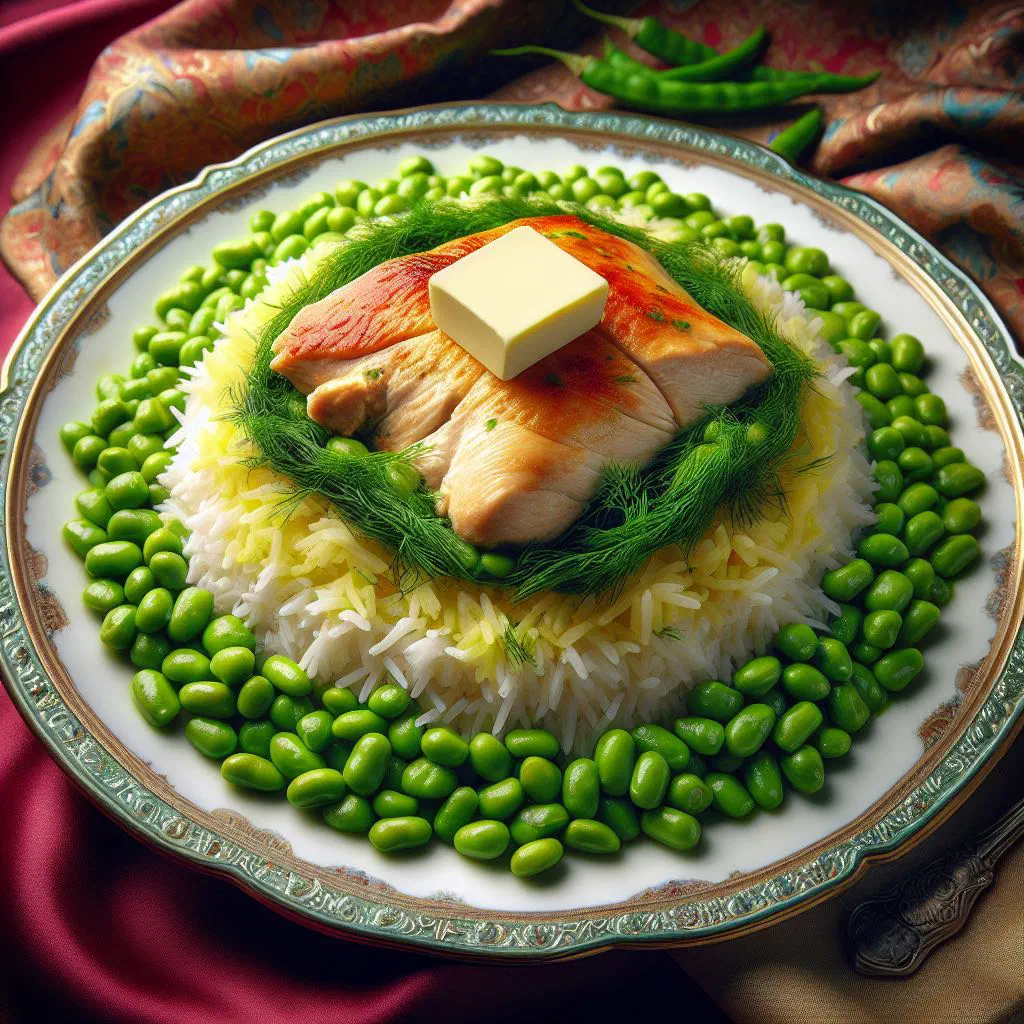 Baghali polo with fluffy saffron-tinged rice, herbs and broad beans