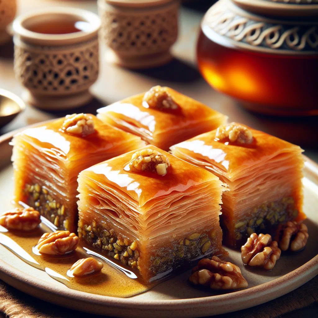 Diamond-cut baghlava pieces topped with chopped pistachios