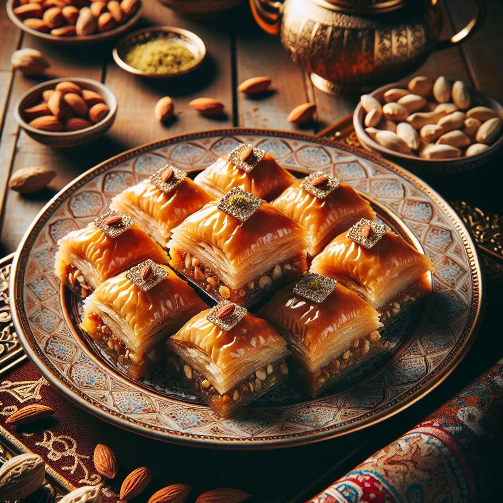 Diamond-cut baqlava yazdi layered with nuts and glazed with syrup