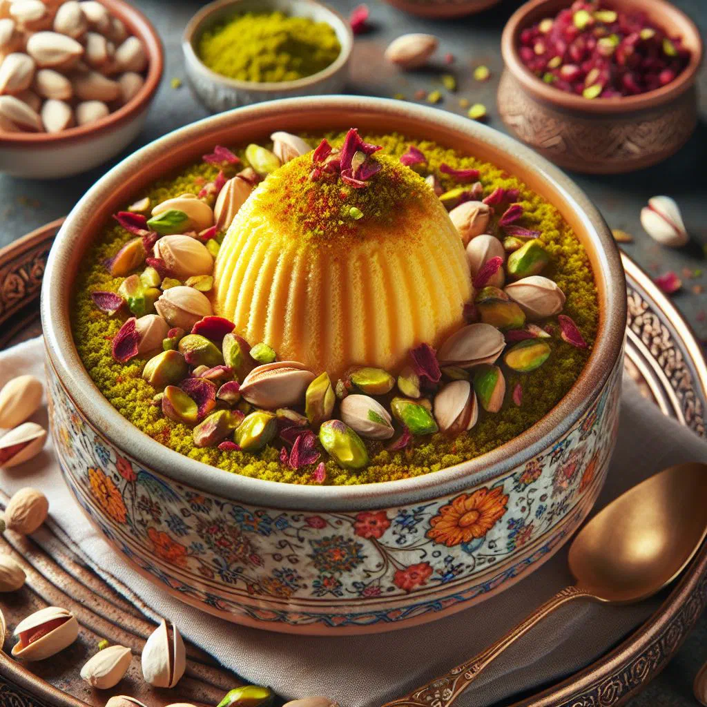 Scoops of Persian saffron ice cream topped with chopped pistachios