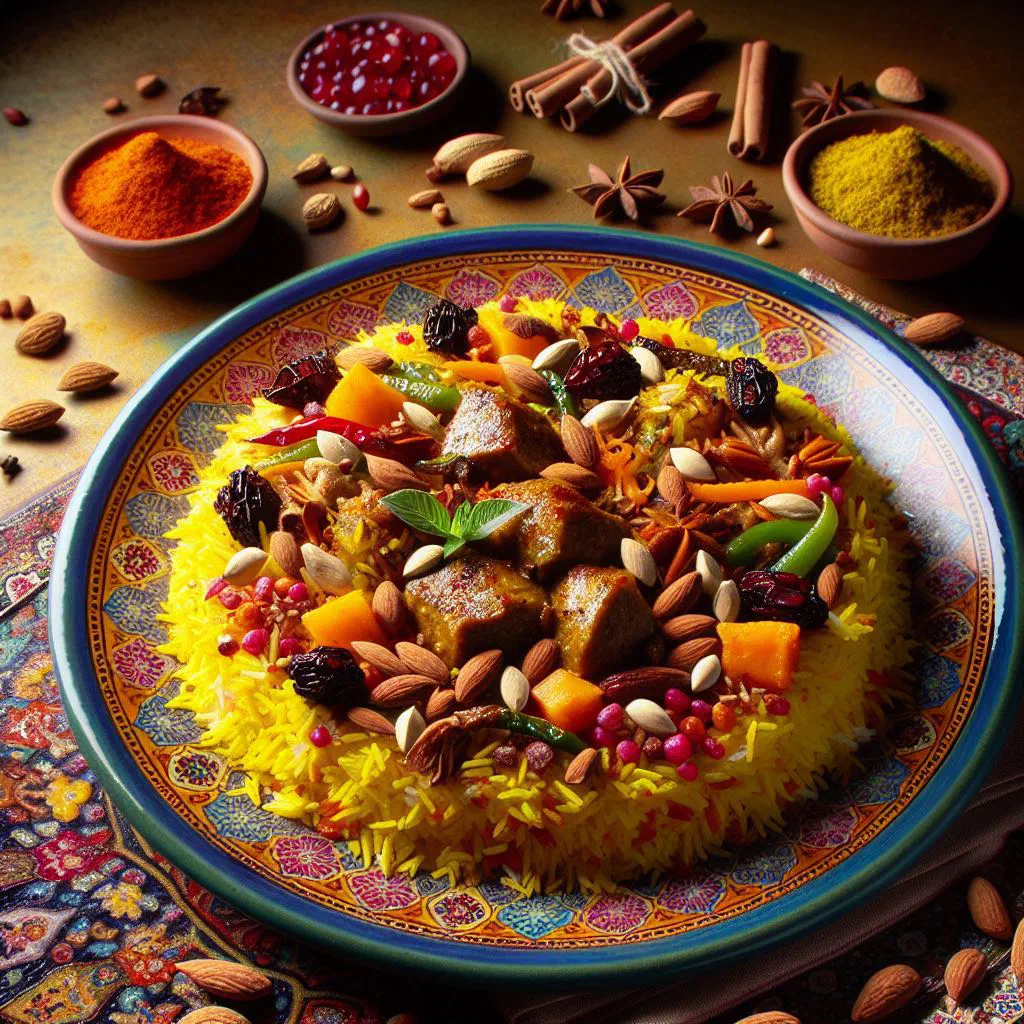 Persian biryani Esfahan — spiced minced lamb served on flatbread with mint and walnuts