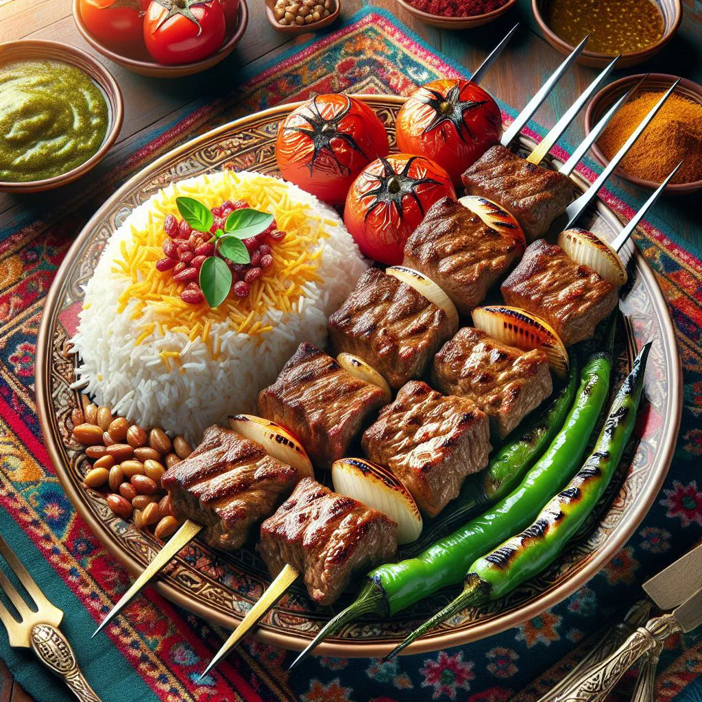 Chelo kabab with grilled meat skewers served over saffron basmati rice