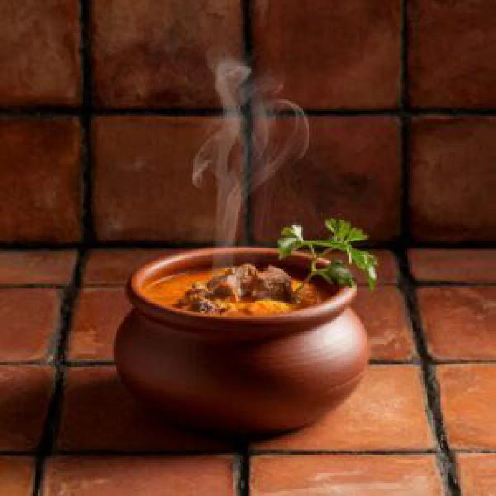 Persian dizi stew served in a traditional stone pot with flatbread