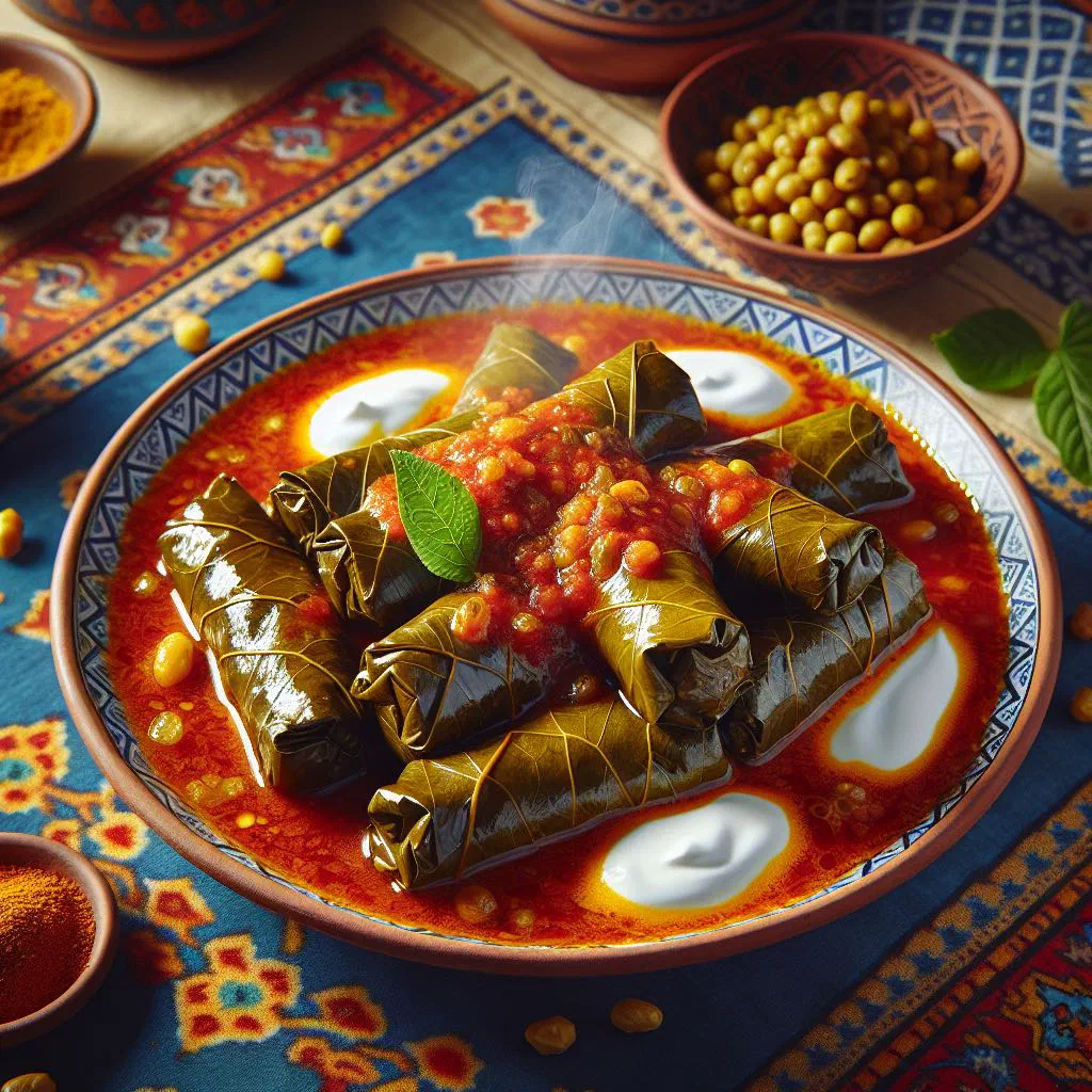 Stuffed vine leaves garnished with fresh herbs on a serving plate
