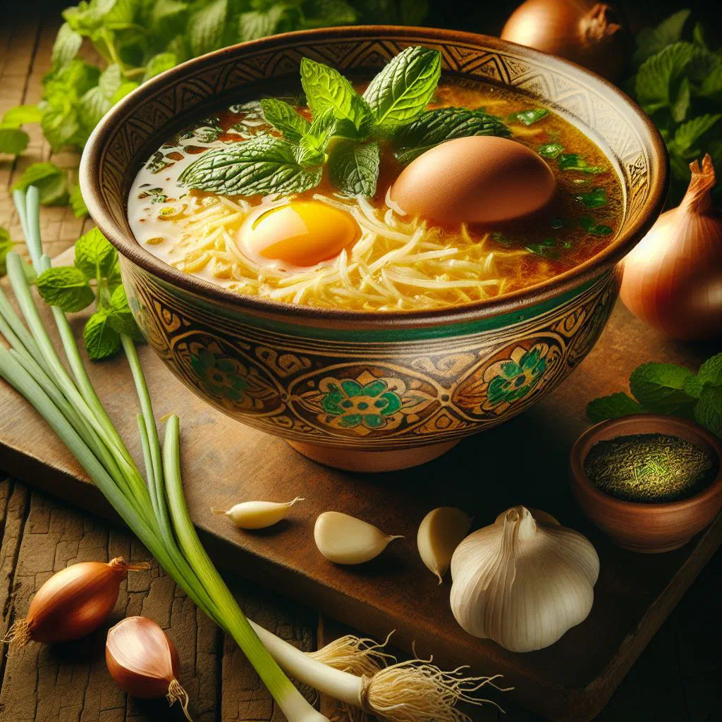 Bowl of Persian eshkeneh onion and egg soup served with fresh bread