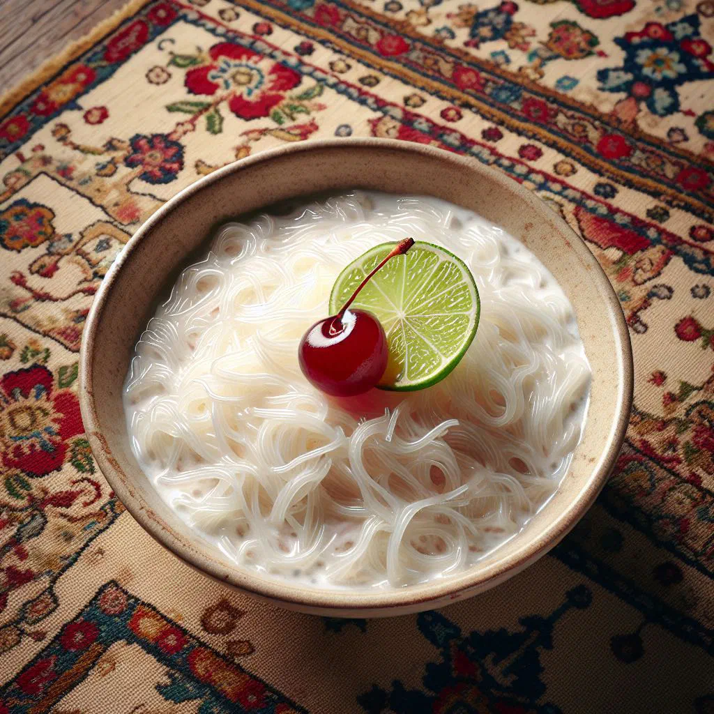 A bowl of faloodeh with thin rice noodles, rose syrup and fresh lime
