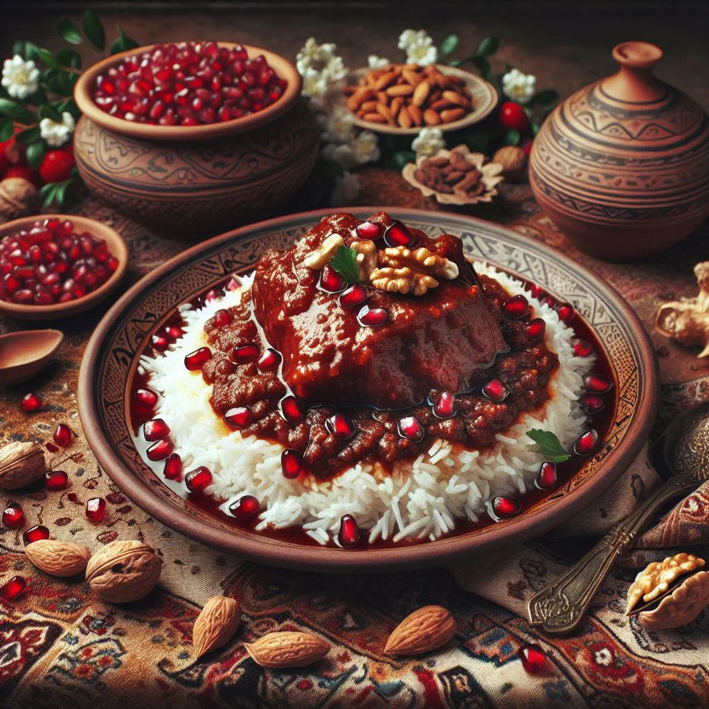 Rich Fesenjan stew of chicken in walnut and pomegranate sauce, served with rice