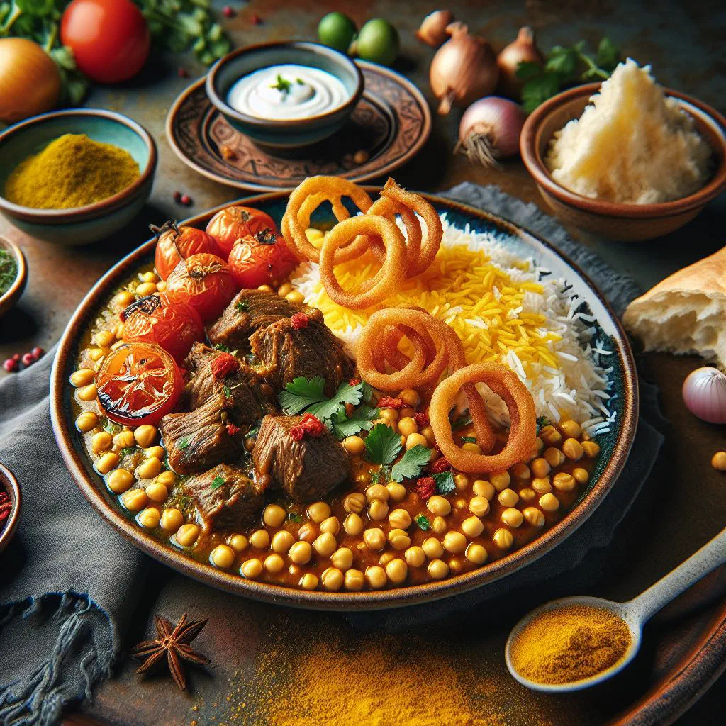 Gheimeh Nesar with saffron rice, lamb, lentils and crispy potato sticks
