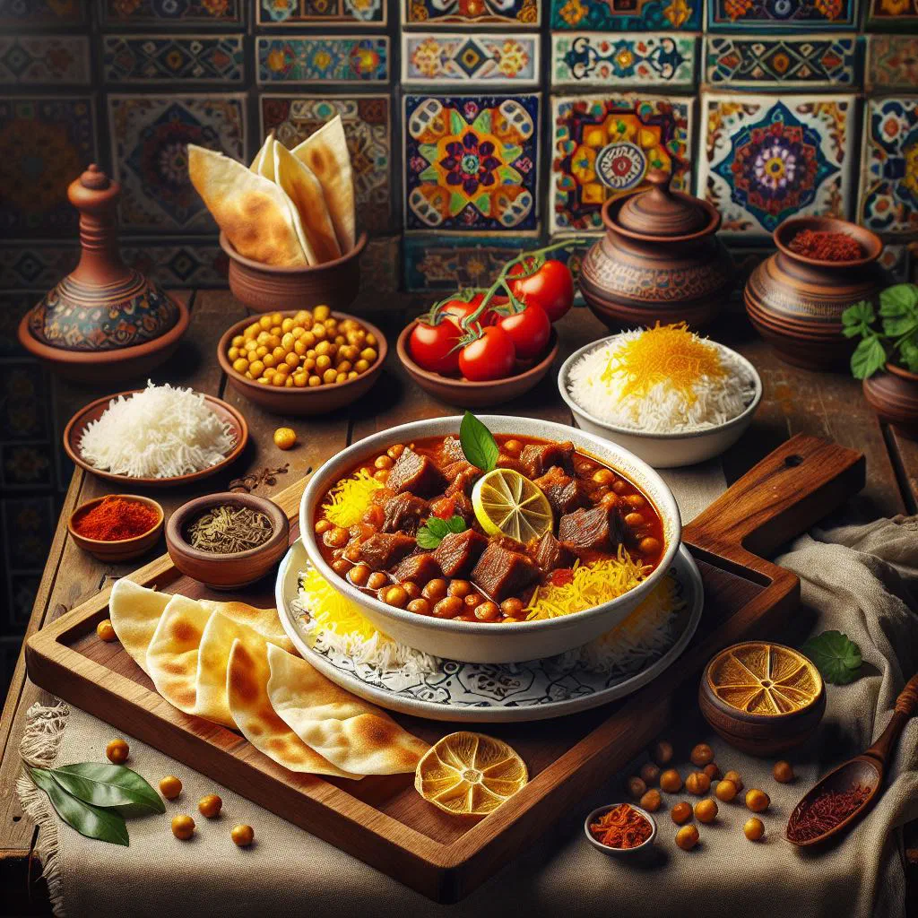 Gheymeh stew topped with golden fried potato straws, served with saffron rice
