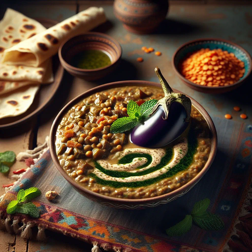 Creamy Persian halim bademjan with aubergine and lentils garnished with fresh herbs