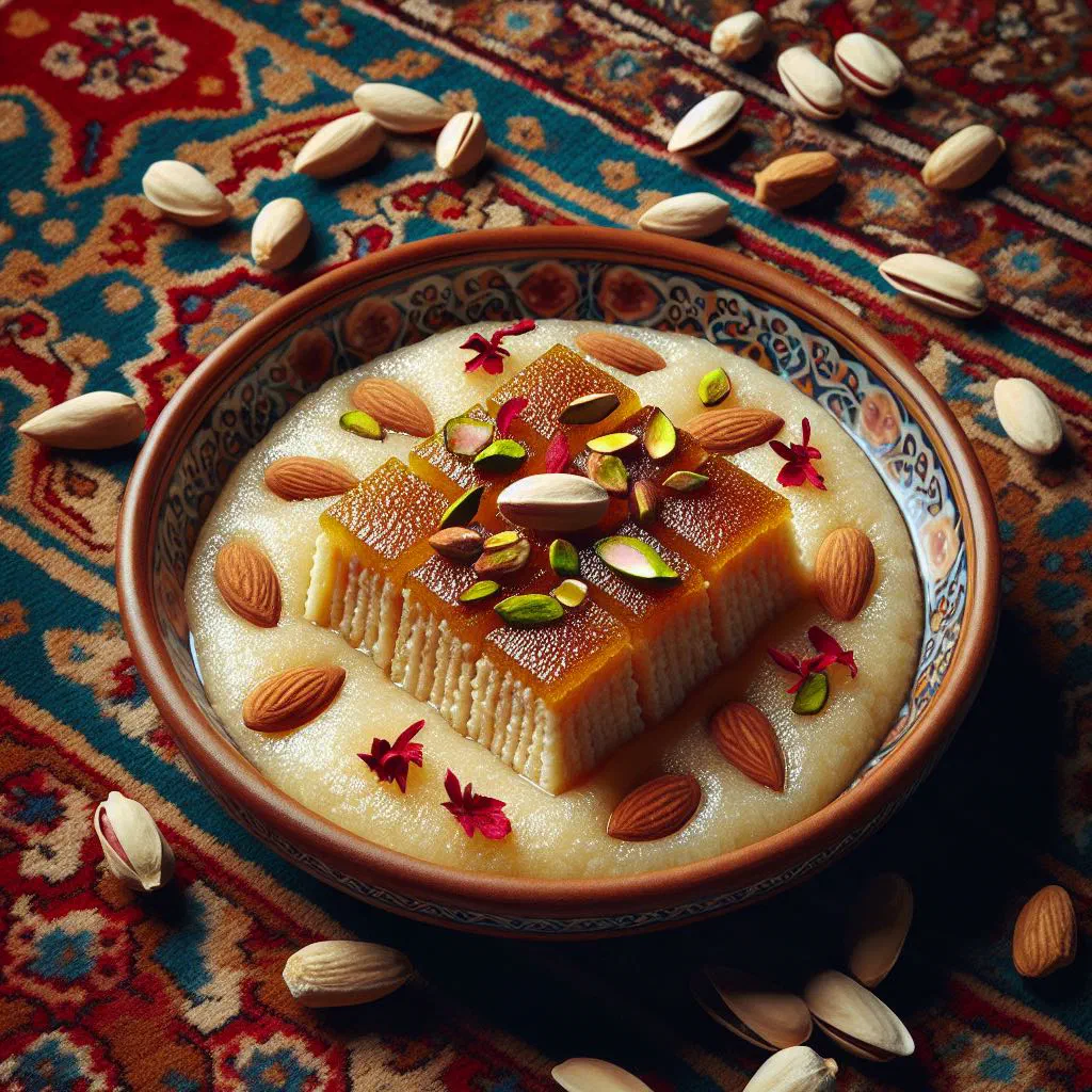 Iranian halva garnished with chopped nuts on a small dessert plate