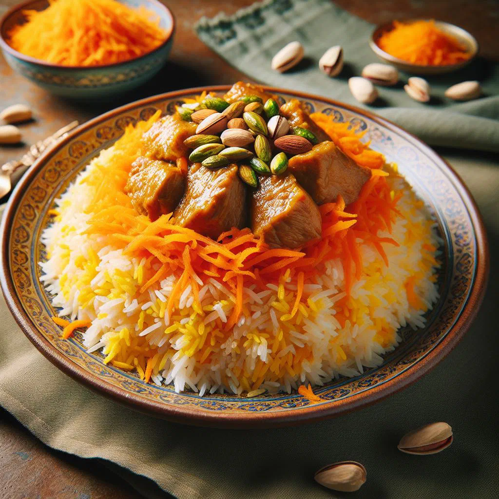 Havij polo with saffron rice, sweet carrots and tender meat