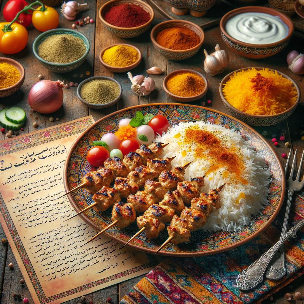 Grilled joojeh kebab chicken skewers served with saffron rice and grilled vegetables