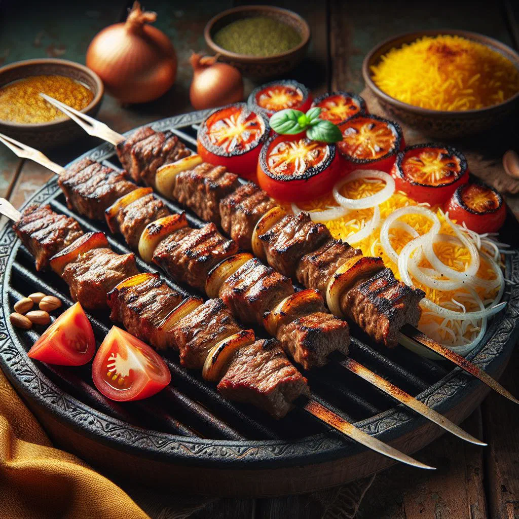Grilled kabab barg skewers with saffron rice and grilled tomatoes