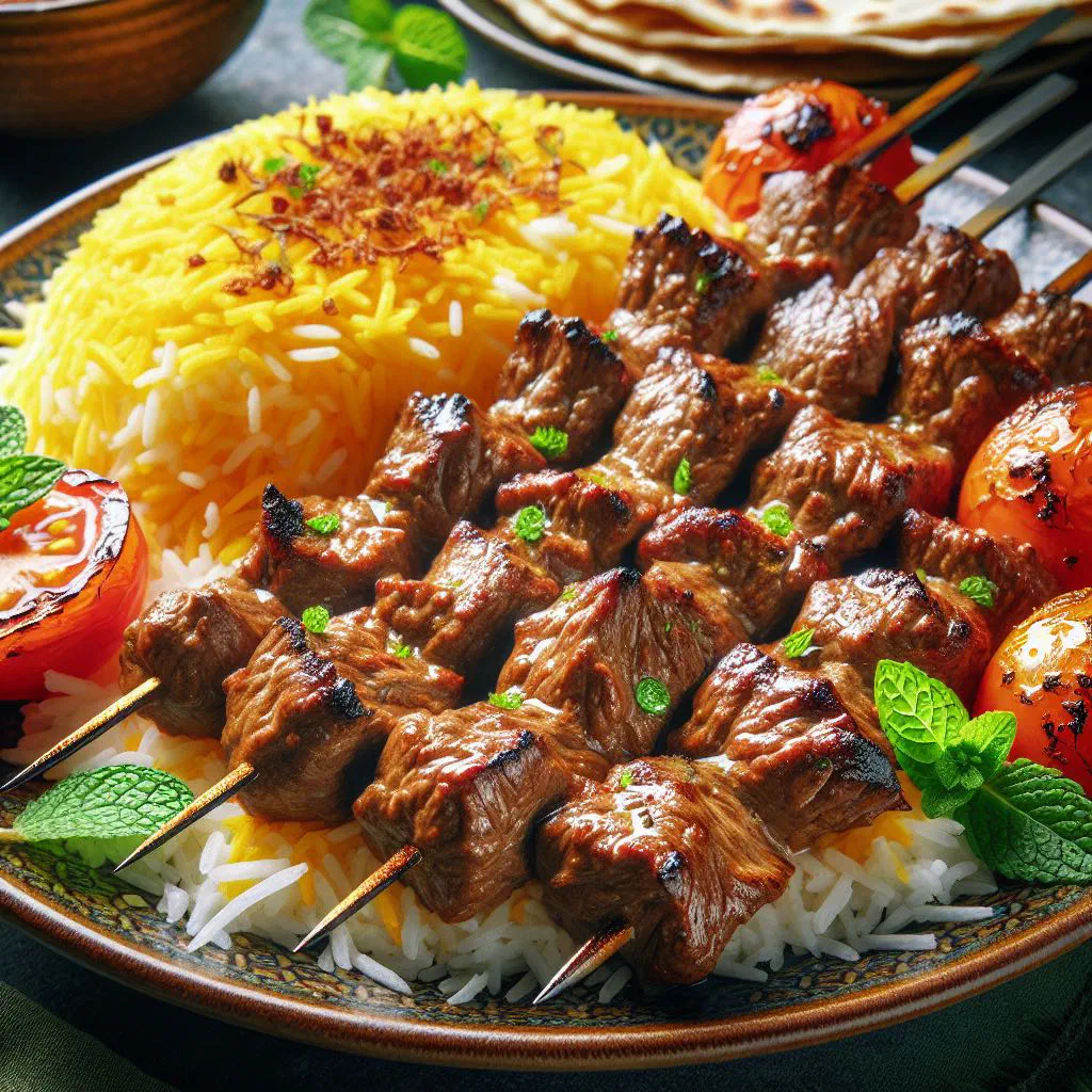 Grilled lamb kabab chenjeh skewers served with saffron rice and fresh herbs