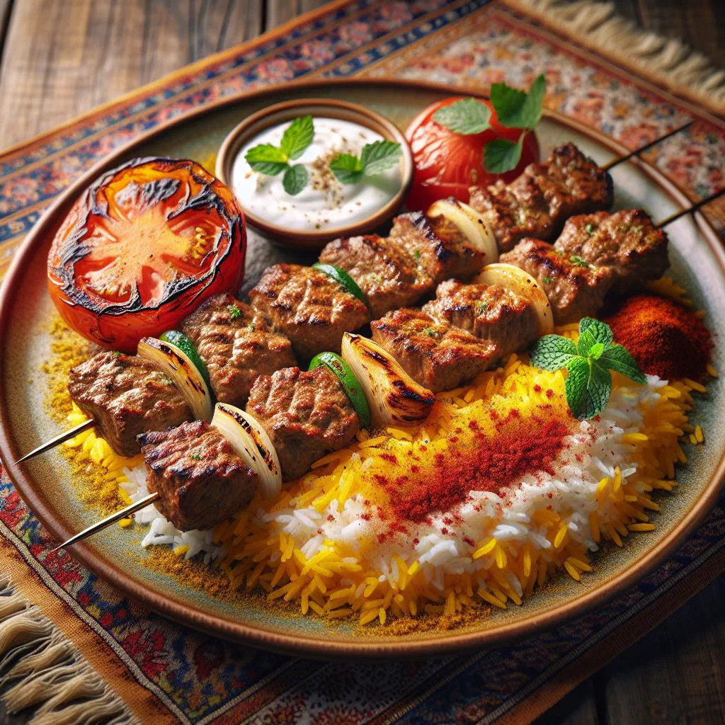Grilled lamb and chicken kebabs served with fluffy saffron rice and grilled tomatoes