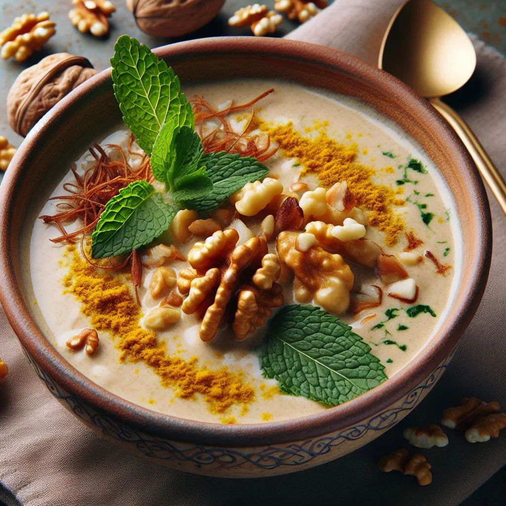A bowl of Kaleh Joosh, a hearty Persian lamb and herb soup, garnished with fresh herbs