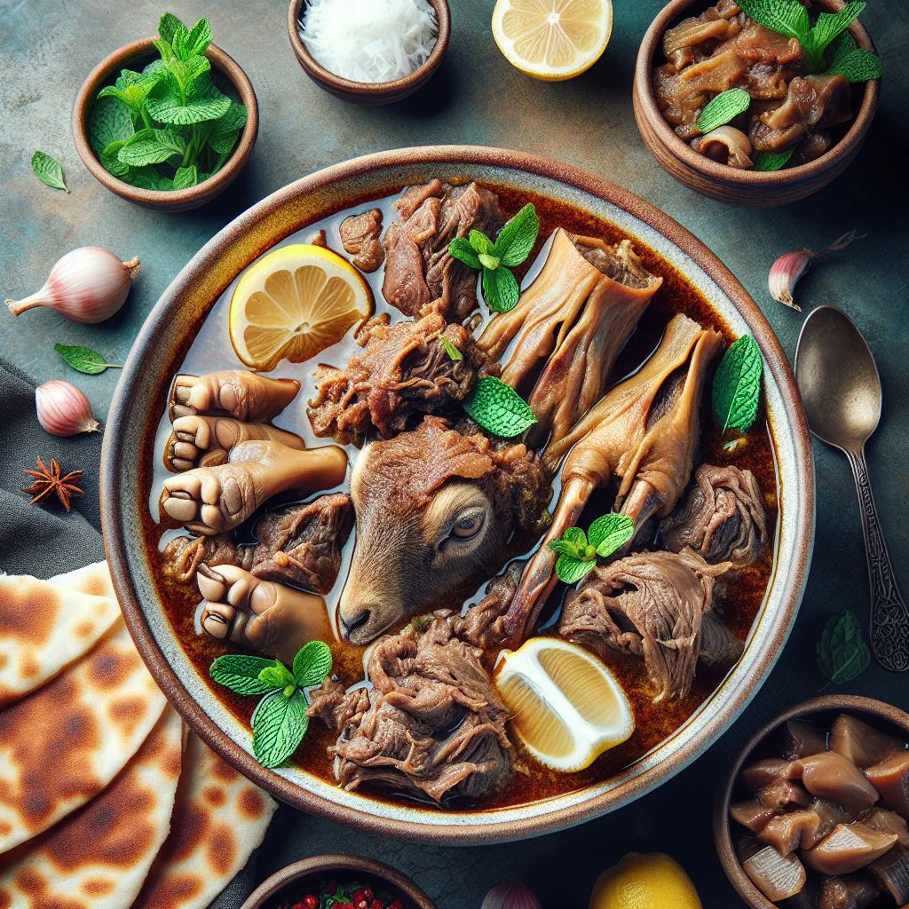 Bowl of Kaleh Pacheh, a rich Iranian slow-cooked broth with fresh herbs