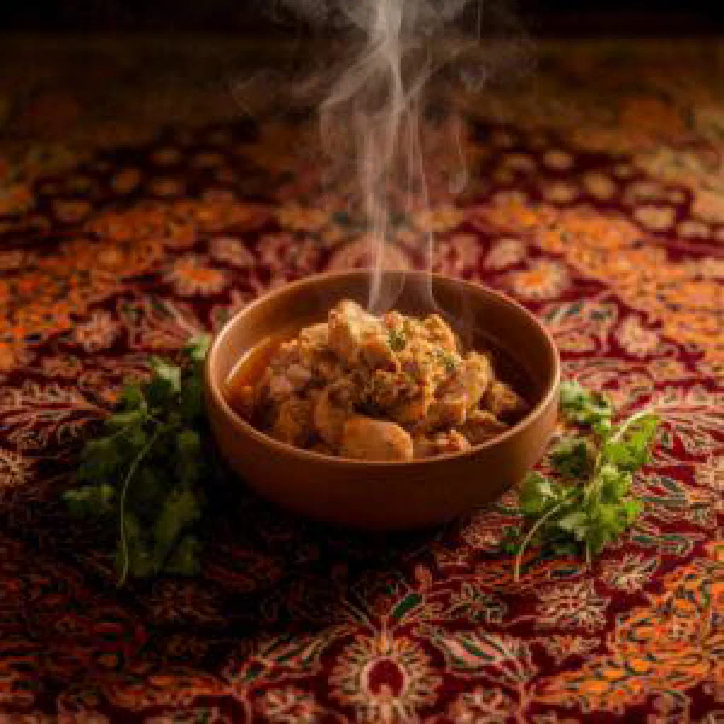 A steaming bowl of Kalleh Pacheh broth garnished with fresh herbs