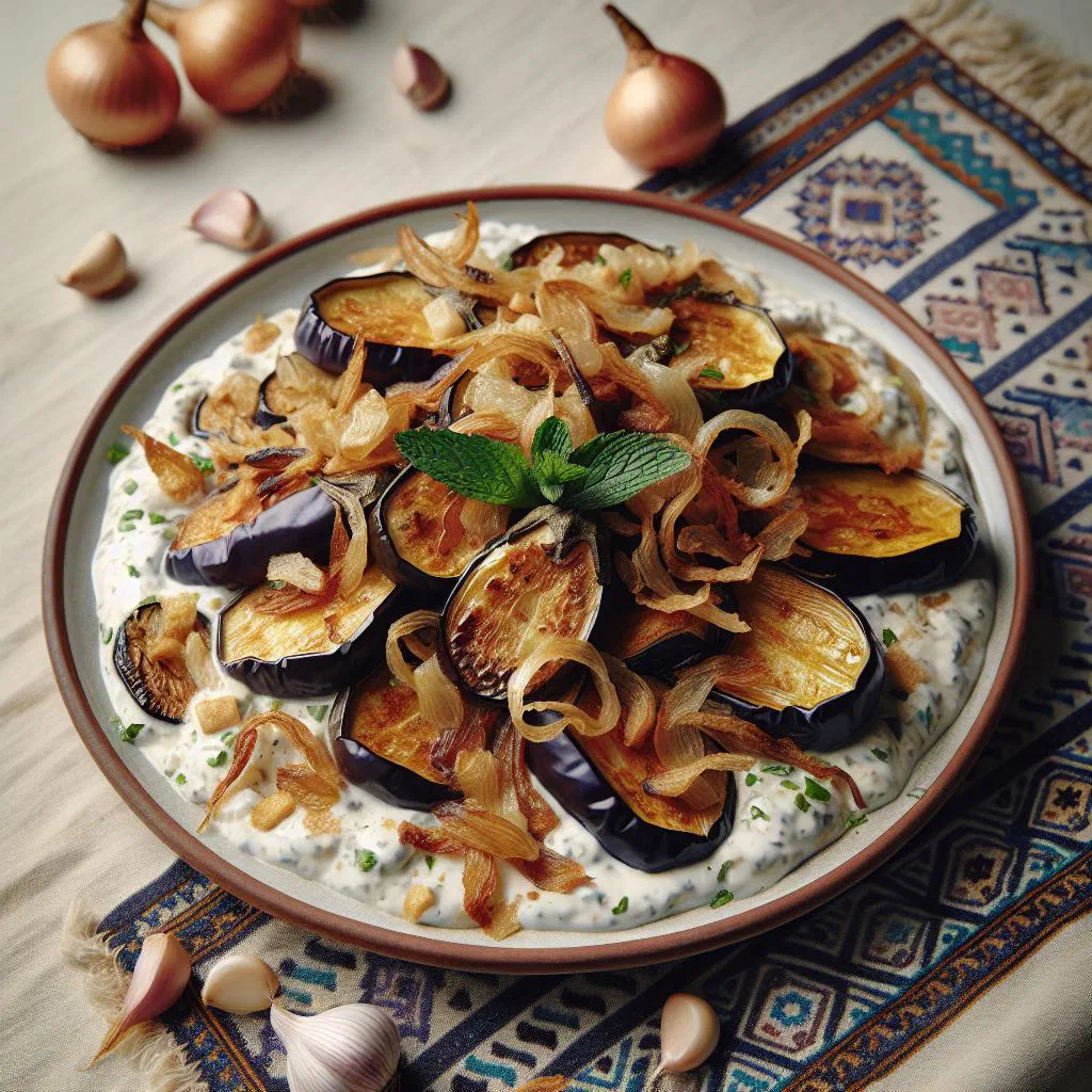 Kashk-e bademjan aubergine dip drizzled with kashk and garnished with fresh mint