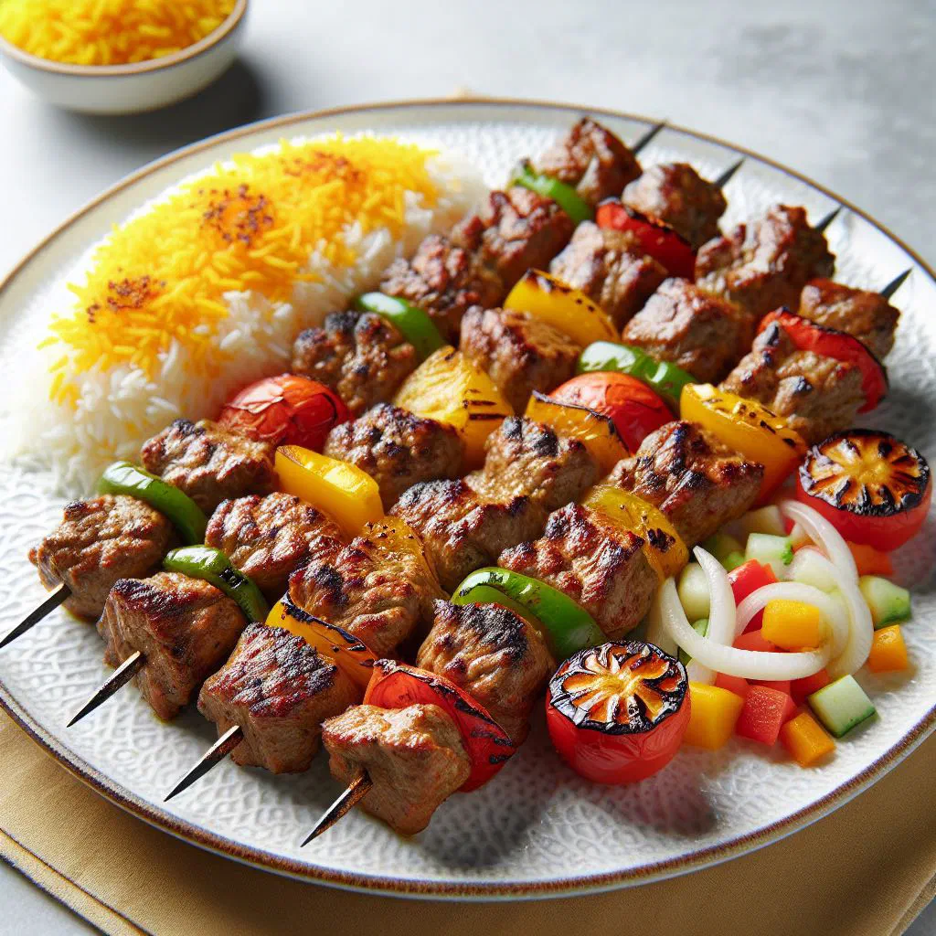 Grilled Kebab-e Bakhtiari skewers of lamb and chicken with saffron rice
