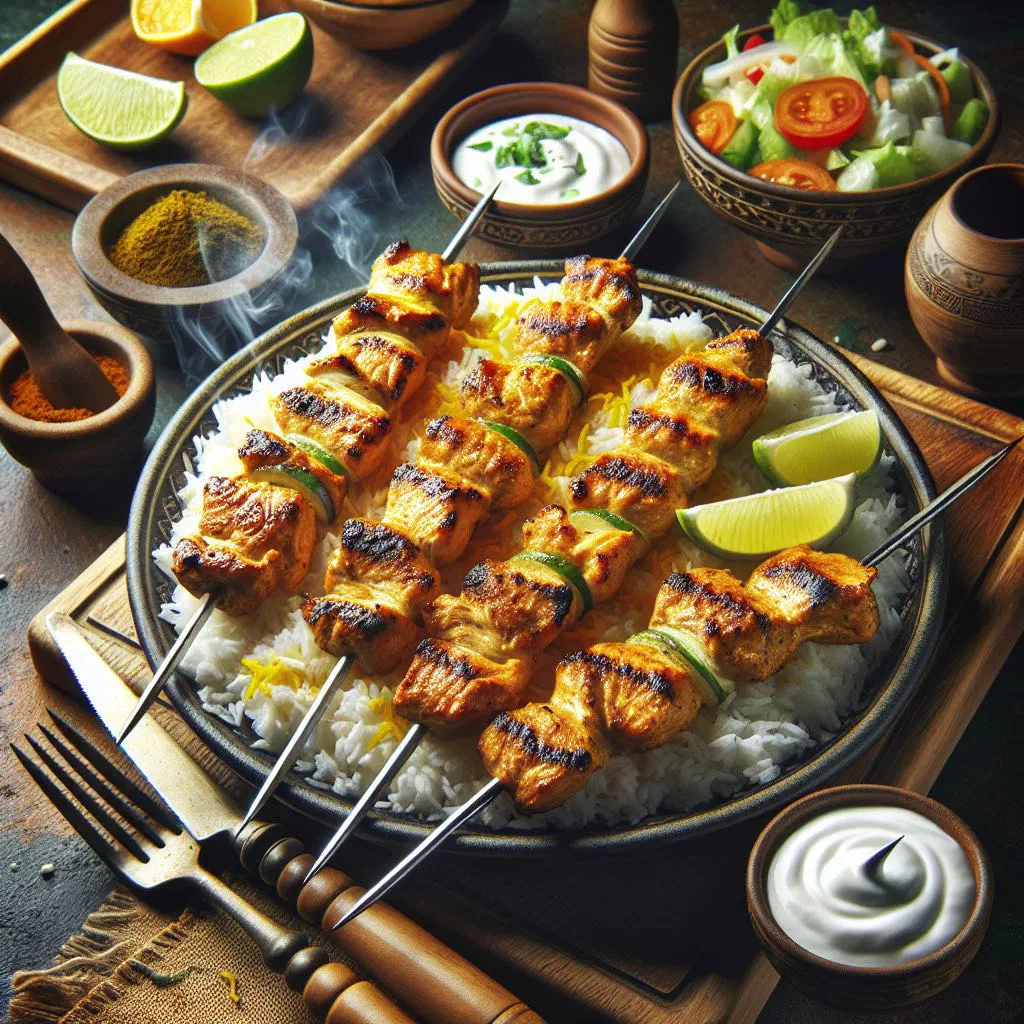 Grilled saffron chicken kebab skewers with peppers and onions